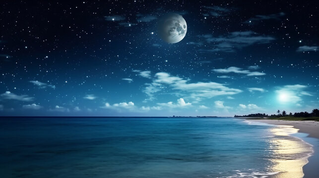Panoramic view of ocean with stars at night