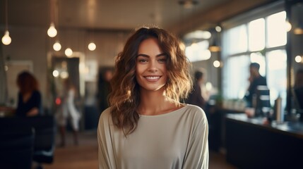 Fototapeta premium Hairdresser using digital tablet in salon Generative AI