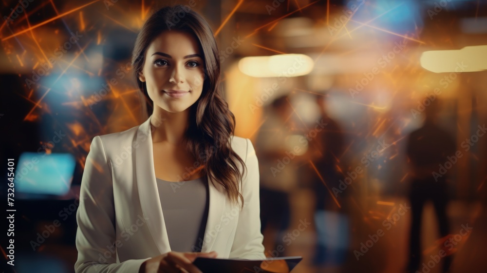Aufkleber businesswoman using tablet in office for social media networking or website generative ai