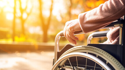 Woman hand holding the wheel of wheelchair