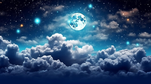 Panoramic view of light moon with clouds and stars