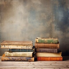 Pile of old books on wooden background. Selective focus.