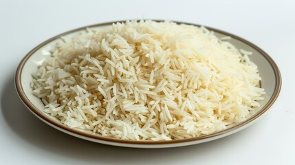 A simple plate of food displays a portion of white rice. Scarce food on a basic meal plate in culinary simplicity. Rice as a staple food.