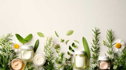 Jars of cream surrounded by herbs and flowers on a white background. - obrazy, fototapety, plakaty