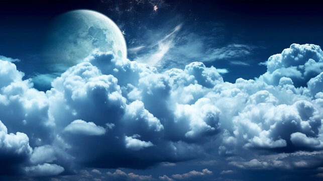 Panoramic view of light moon with clouds and stars