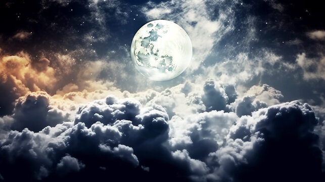 Panoramic view of light moon with clouds and stars
