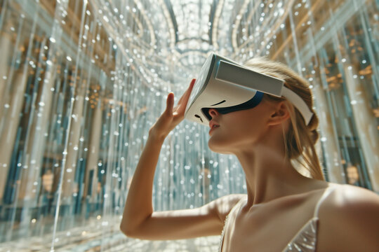 world of virtual reality. abstract image. girl flies in her fantasy wearing virtual reality glasses