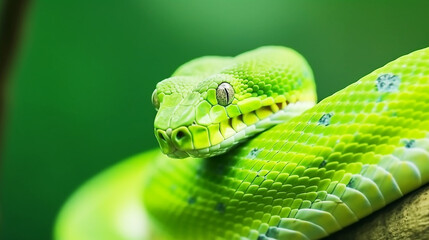 Close up green snake on branch in the forest