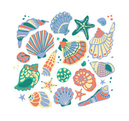 Vector set of sea shells. Multicolored sea isolated elements. Ornamented sea creatures. Set for designing cards, patterns, prints. Starfish, shells, sea set.