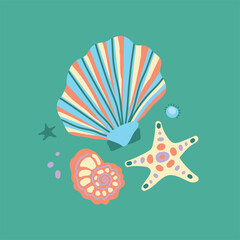 Vector illustration with sea creatures. Shell, starfish and pearl. Hand drawn cartoon style on a bright colored background. A set of isolated elements for decorating cards, souvenirs.