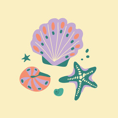 Vector illustration with sea creatures. Shell, starfish and pearl. Hand drawn cartoon style on a bright colored background. A set of isolated elements for decorating cards, souvenirs.