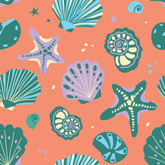 Vector seamless pattern with seashells and starfish, hand drawn vector isolated elements. A set of ornaments for the design of textiles, clothing, and interior. Cartoon hand drawn style.