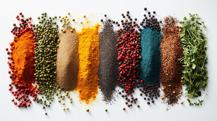Various colorful spices and herbs are arranged in a neat row on a white background