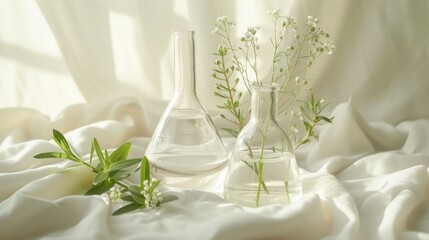 Cosmetic science: Clear glass beaker and flask with herbal plant on white fabric, bathed in natural light for skincare research background.