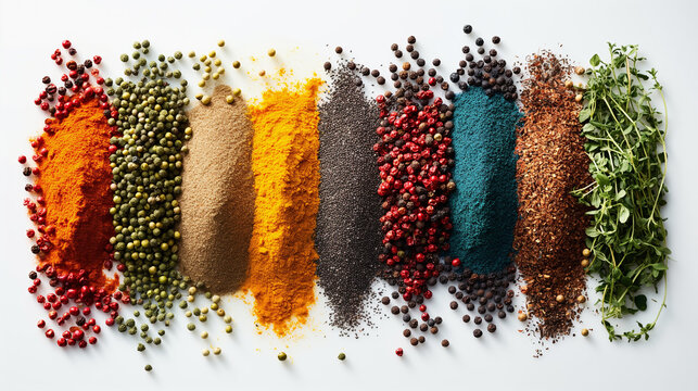 Various colorful spices and herbs are arranged in a neat row on a white background
