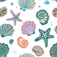 Vector seamless pattern with seashells and starfish, hand drawn vector isolated elements. A set of ornaments for the design of textiles, clothing, and interior. Cartoon hand drawn style.