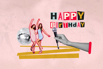 Photo sketch collage picture of smiling funny ladies celebrating birthday karaoke club isolated...
