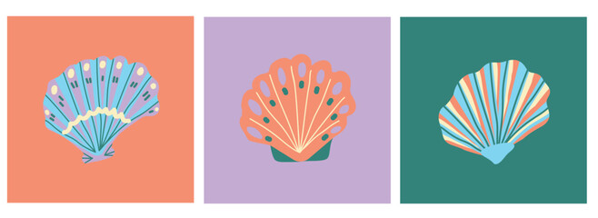 Set of vector cartoon seashells on colorful backgrounds. Set of isolated elements for the design of cards, souvenirs, advertising. Hand drawn colorful style.