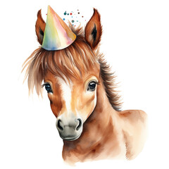 Cute foal with a birthday hat, watercolor design on white or transparent background 