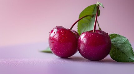 Fresh cherries with water droplets isolated on a pastel background. vibrant, colorful, perfect for healthy lifestyle themes. AI