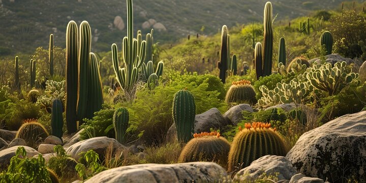 Lush desert scene with various cacti and rocks against a golden sunset sky. perfect for nature-themed backgrounds and wallpapers. AI