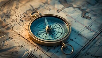 Vintage compass on old world map, exploration and adventure theme. classic navigation instrument for travel and discovery. elegant brass design. AI