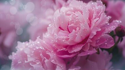 Dew-kissed pink peonies blooming, serene floral beauty captured. elegance in nature, perfect for spring-themed designs. AI
