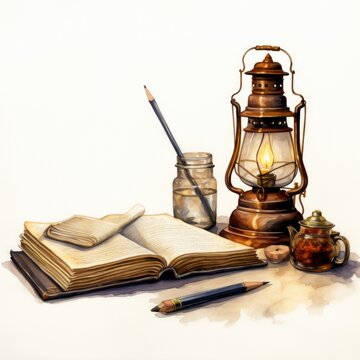 still life photography with a lamp, a pen, a lantern