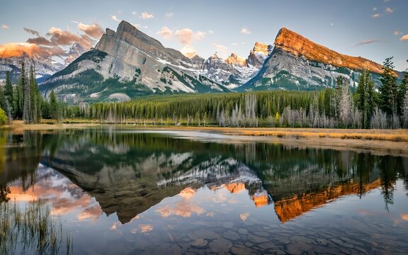 Three sisters mountains of rocky mountains reflection on bow river in the morning at Canmore, Banff national park