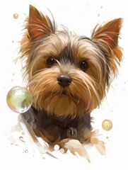 Yorkshire Terrier Chasing Soap Bubbles Illustration Generative AI