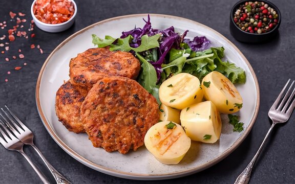 vegan lentil cutlets without meat with potatoes and salad. healthy eating
