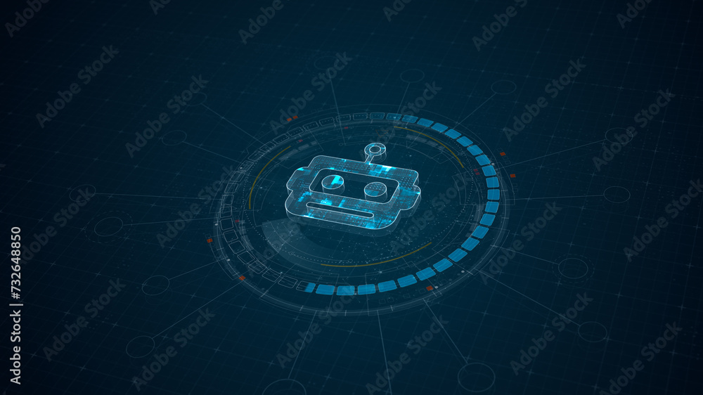 Poster blue digital robot head logo and 3d circle futuristic hud elements with ai chatbot and machine learn