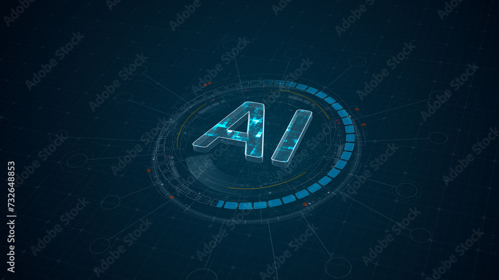 Poster blue digital ai letter and 3d circle futuristic hud elements with ai chatbot and machine learning te