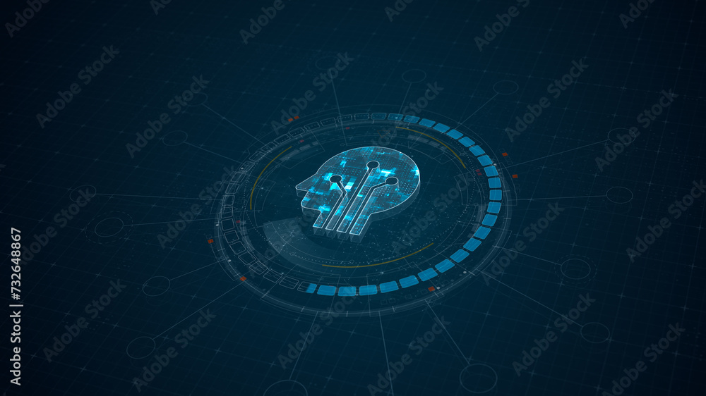 Poster blue digital robot head logo and 3d circle futuristic hud elements with ai chatbot and machine learn