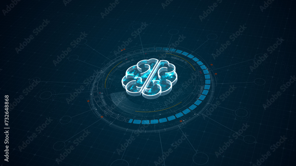Poster blue digital robot brain logo and 3d circle futuristic hud elements with ai chatbot and machine lear
