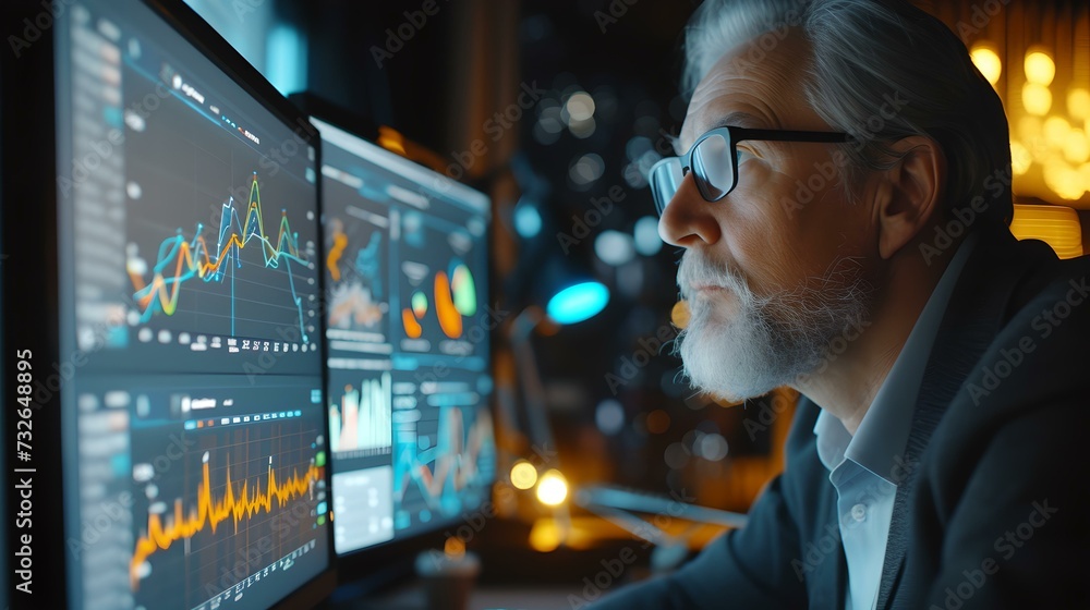 Poster focused analyst at work during nighttime in a modern office. analyzing data on computer screens. fin