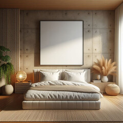 Frame mockup, mockup poster on the wall of a bedroom. Interior mockup. Apartment background. Modern interior design. Japandi style 3D rendering