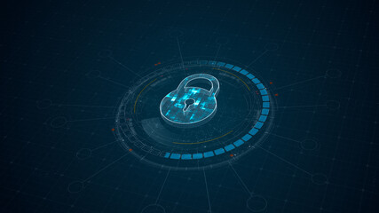 Blue digital security key logo and 3D circle futuristic HUD elements with network firewall technology and data secure concepts on abstract background
