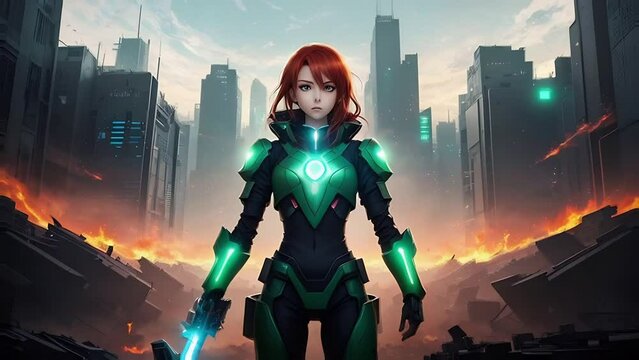 A determined red-haired anime heroine in futuristic armor, city ablaze, dawn breaking.