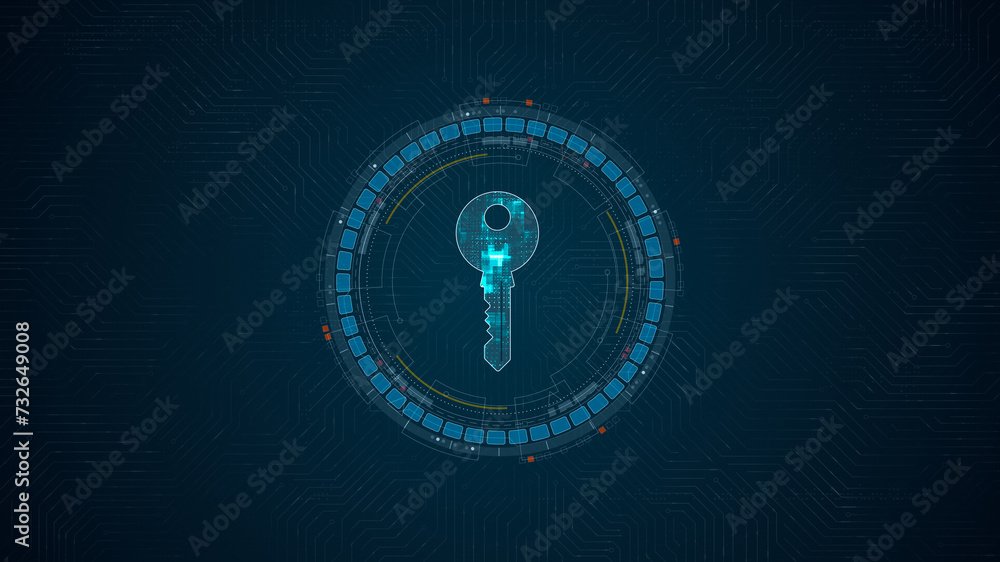 Poster blue digital security key logo and circle futuristic hud elements with network firewall technology a