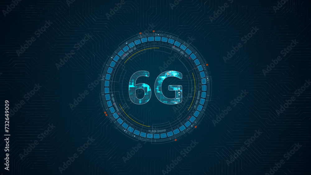 Poster blue digital 5g letter and circle futuristic hud elements with generation of connection technology c