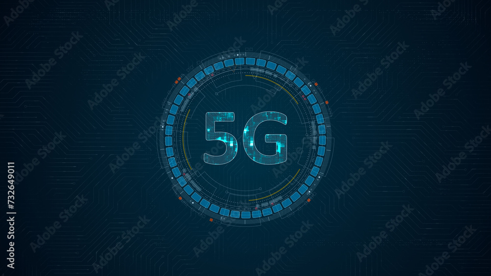 Poster blue digital 5g letter and circle futuristic hud elements with generation of connection technology c