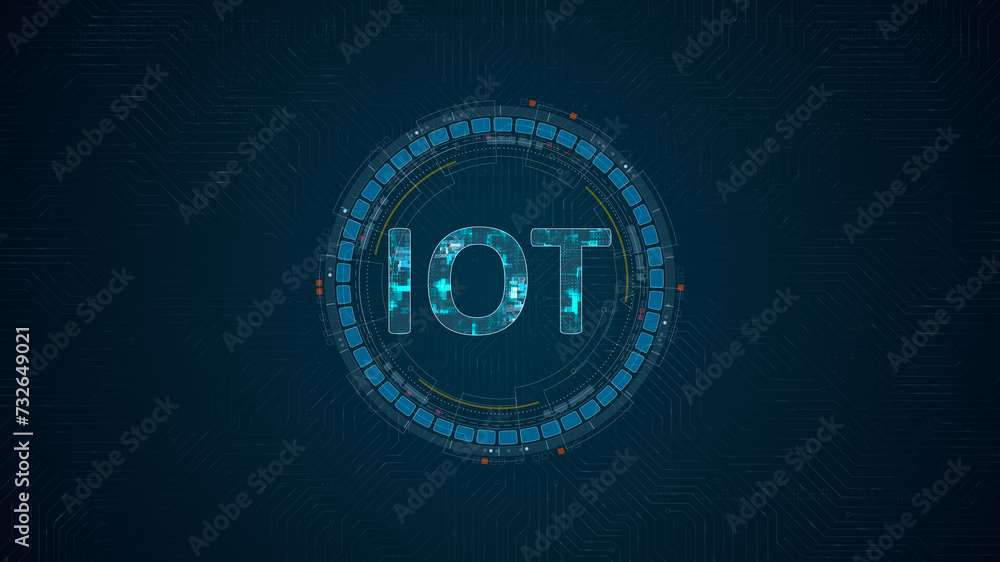 Poster blue digital iot letter and circle futuristic hud elements with internet of things concepts on circu