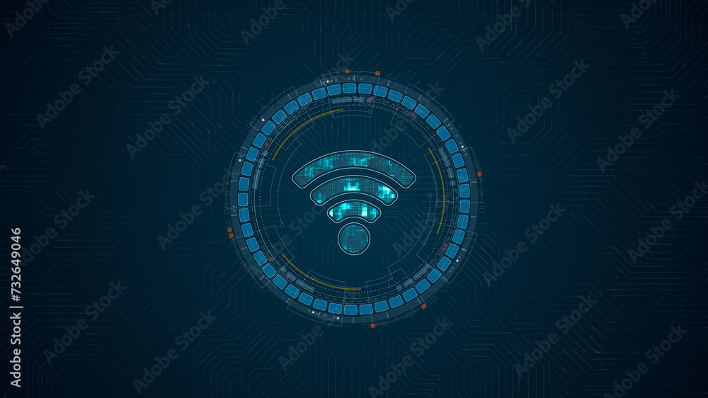 Poster blue digital wifi logo and circle futuristic hud elements with data transfer and wireless fidelity c