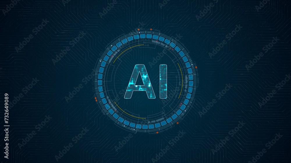 Poster blue digital ai letter and circle futuristic hud elements with ai chatbot and machine learning techn