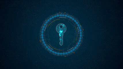 Blue digital security key logo and circle futuristic HUD elements with network firewall technology and data secure concepts on circuit board abstract background