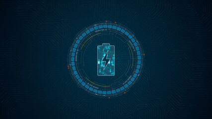Blue digital battery logo and circle futuristic HUD elements with power reserve concepts on cricuit board abstract background