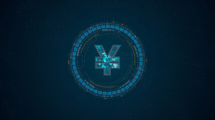 Fototapeta premium Blue digital money logo with HUD UI circle technology interface and futuristic elements on circuit board abstract background crypto currency finance and digital money concepts