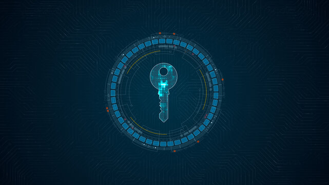 Blue digital security key logo and circle futuristic HUD elements with network firewall technology and data secure concepts on circuit board abstract background