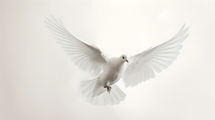 Graceful white dove in flight against a soft light background. symbol of peace and freedom. minimalist elegant bird photograph. AI